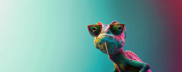 chameleon wearing sunglasses on a solid color background, vector art, digital art, faceted, minimal, abstract, panorama background