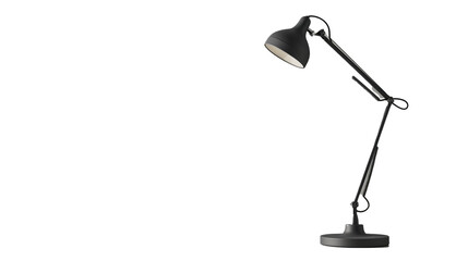 A modern table lamp with an adjustable arm, placed on a white solid background. 