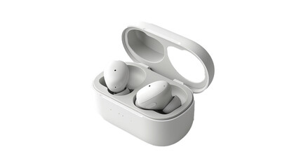 A pair of wireless earbuds in a compact charging case, placed on a white solid background. 