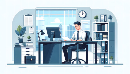 a modern office setting with a professional ambiance. A man sits at a spacious desk, attentively working on a computer