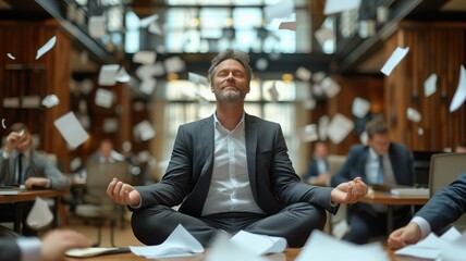 businessman meditating in the lotus posture on a desk in a busy office, with papers flying around him. calm amidst chaos.
