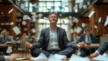 Foto op Canvas businessman meditating in the lotus posture on a desk in a busy office, with papers flying around him. calm amidst chaos. © ProstoSvet