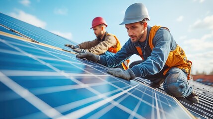 Two technicians installing or maintaining solar panels on the roof, with one of them in the foreground carefully adjusting the panel.