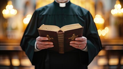 clergyman in a church holding a Bible, against a blurred background that emphasizes the warm lighting and candles, focusing on the book and the man's hands. - obrazy, fototapety, plakaty