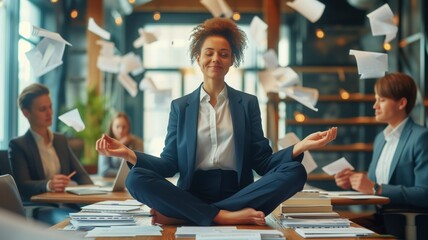 businesswoman in a formal suit sitting and meditating amid flying papers, with working colleagues in the background.