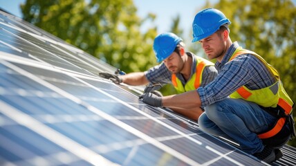 two workers installing or repairing solar panels on the roof of an apartment building, wearing protective gear and harnesses, working under a clear blue sky.