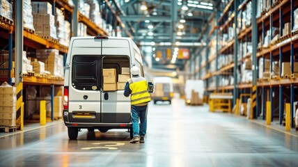 warehouse worker in a reflective vest loading boxes into a delivery van in a spacious warehouse.