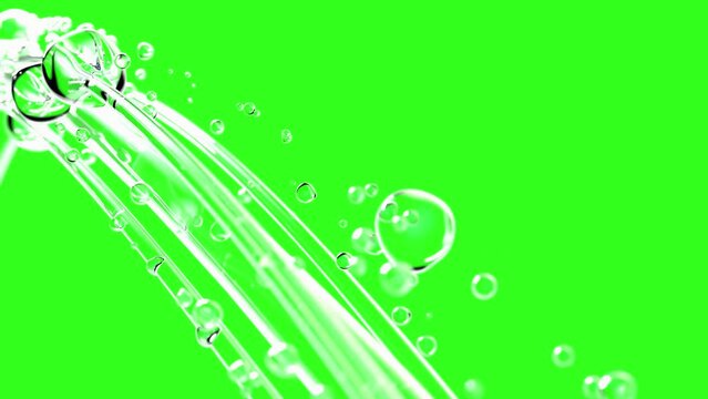 Liquid bubble selective focus animation move through on green screen. Cosmetic advertising background. 3d rendering.