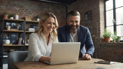 Smiling businesswoman and male creative director working together, talking about business strategy on a laptop computer in modern loft office.