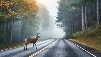 Foggy Hazards: A Deer's Dawn Dash Across the Asphalt Danger Zone"