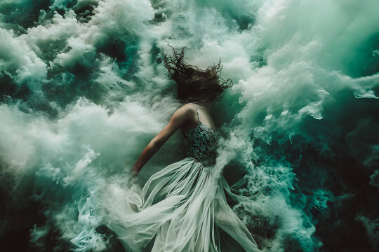 Femme disparaissant dans les nuages, les vagues