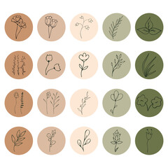 A set of icons of plants, flowers, branches in grunge circles