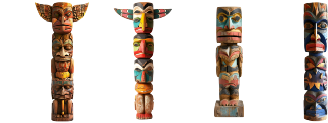 Set of Colorful Totem Pole Figures on Transparent Background