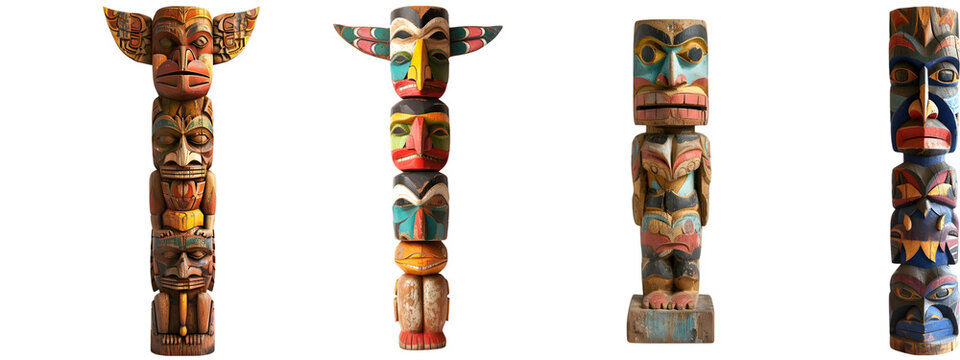 Set of Colorful Totem Pole Figures on Transparent Background