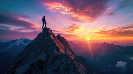 A male climber on a mountain peak at dawn that paints the sky with spectacular colors - obrazy, fototapety, plakaty