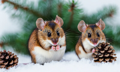 zwei komische pelzige Waldmäuse Mäuse im kalten Schnee Eis mit einem Tannzapfen essen Nahrung suchen im Winter bei Kälte und Frost, im Hintergrund grüne Zweige eines Nadelbaumes, wie Tanne oder Kiefer