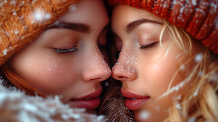Close up couple de jeunes femmes naturelles nez contre nez contre nez - obrazy, fototapety, plakaty