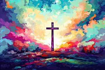 Brightly colored cross with room for text created with Generative AI technology