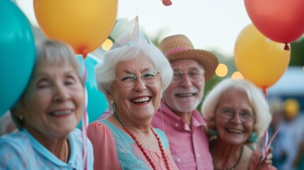 Group of Joyful Seniors Celebrating with Colorful Balloons, Exuding Happiness and Vitality, Ideal for Lifestyle and Festivity Concepts