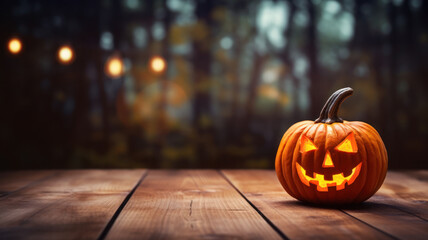 Fototapeta premium Halloween Pumpkin with Glowing Eyes, Forest Sunset Halloween Scene