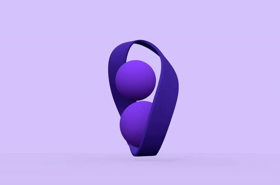 3D rendering Video. Abstract purple sculpture consisting of 3 balls and a Moebius strip background, purple pastel in the background with purple band and balls in the foreground, virtual dynamic