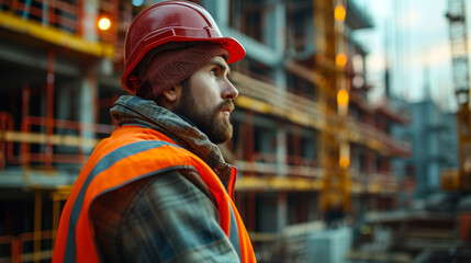 Pensive Worker on Construction Ground.
A construction worker in reflective gear takes a thoughtful moment at the construction ground.