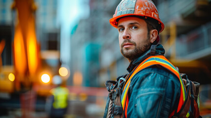 Confident Builder at Construction Grounds.
A focused construction worker wearing a safety harness stands at an urban construction site.
