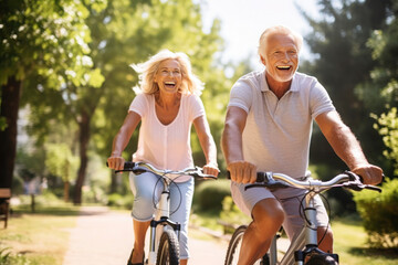 Elderly couple riding bicycles in city park, having fun and spending time together, leading an active lifestyle