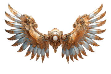 white gold mechanical robot wings isolated on transparent background, generative ai