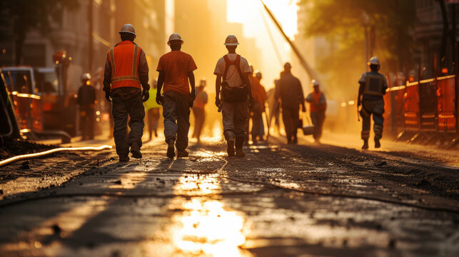 Construction Crew Walking on Urban Road at Sunset
