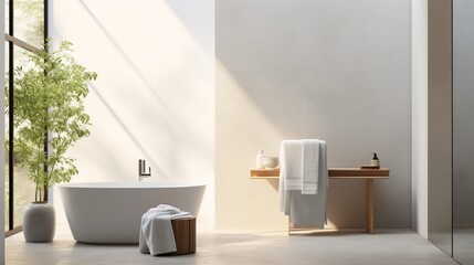 Fototapeta premium A sleek, minimalist podium, draped with a plush towel, stands against the soft-focus backdrop of a modern, airy bathroom setting.
