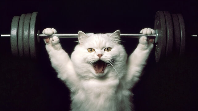 A humorous and creative image of a white cat lifting a barbell, showing strength and determination with an exaggerated facial expression on a dark background.Sports animals concept. AI generated.