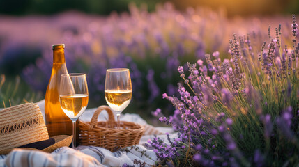 Picnic blanket with wine glasses at a lavender field in France during summer - obrazy, fototapety, plakaty