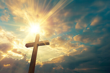 Wooden Cross of Christ Beneath Detailed Sky