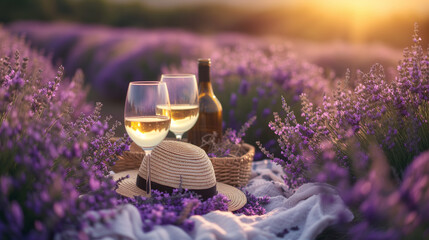 Two glasses of white wine and a bottle on background of a lavender field. Straw hat and basket with...