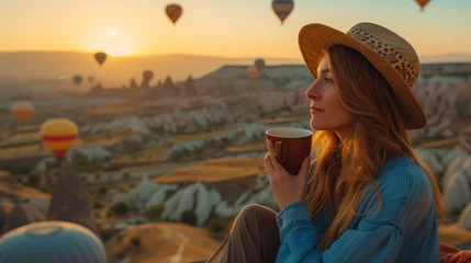 Poster Women drinking coffee early in the morning with hot air balloons in Cappadocia at sunrise,woman drinking coffee at sunset © Fokke Baarssen