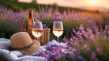 Two glasses of white wine and a bottle on background of a lavender field. Straw hat and basket with flowers lavender on a blanket on picnic. Romantic evening in sunset rays. Summer in Provence, France - obrazy, fototapety, plakaty