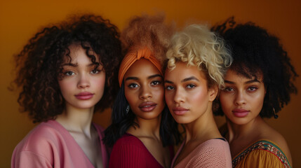 Obraz premium Group of diverse women standing together against a brown background. Multi ethnic females looking at camera in the studio