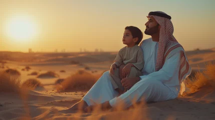 Zelfklevend Fotobehang Middle-eastern father and son wearing arab traditional kandura spending time in the desert of Dubai at sunset © Fokke Baarssen