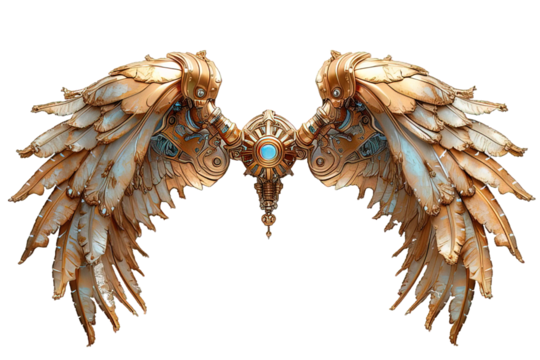white gold mechanical robot wings isolated on transparent background, generative ai