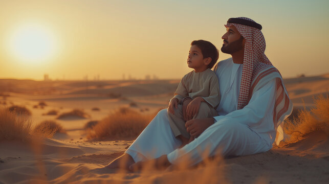 Middle-eastern father and son wearing arab traditional kandura spending time in the desert of Dubai at sunset