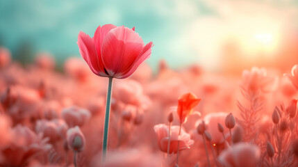 red tulips in spring, close up of an isolated red tul in a flower field during spring