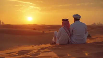 Gordijnen Father and son in the desert, Middle-eastern father and son wearing arab traditional kandura spending time in the desert, Dubai, © Fokke Baarssen