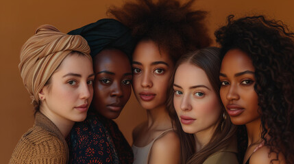 Obraz premium Group of diverse women standing together against a brown background. Multi ethnic females looking at camera in studio