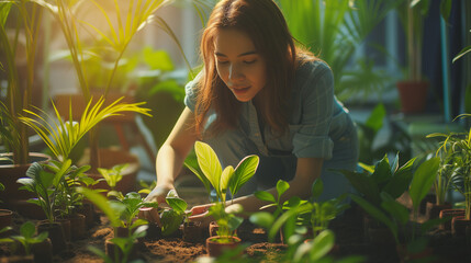 Girl replanting green pasture in the home garden.indoor garden, room with plants banner Potted green plants at home, home jungle, Garden room gardening, Plant room, Floral decor