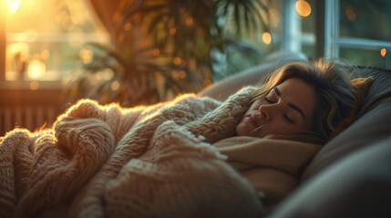 woman sleeping on a sofa with fever and headache - obrazy, fototapety, plakaty