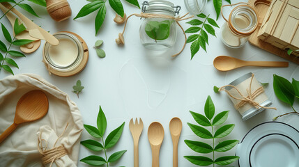 Plastic free tableware top view with copy space., Plastic-free set with cotton bag, glass jar, green leaves, and recycled tableware top view. 