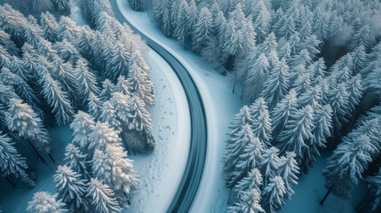 Curvy windy road in snow covered forest, top view, aerial view