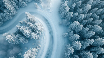snow covered branches of trees, Curvy windy road in snow covered forest, top view, aerial view - Powered by Adobe