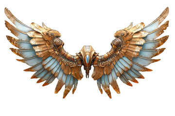 white gold mechanical robot wings isolated on transparent background, generative ai